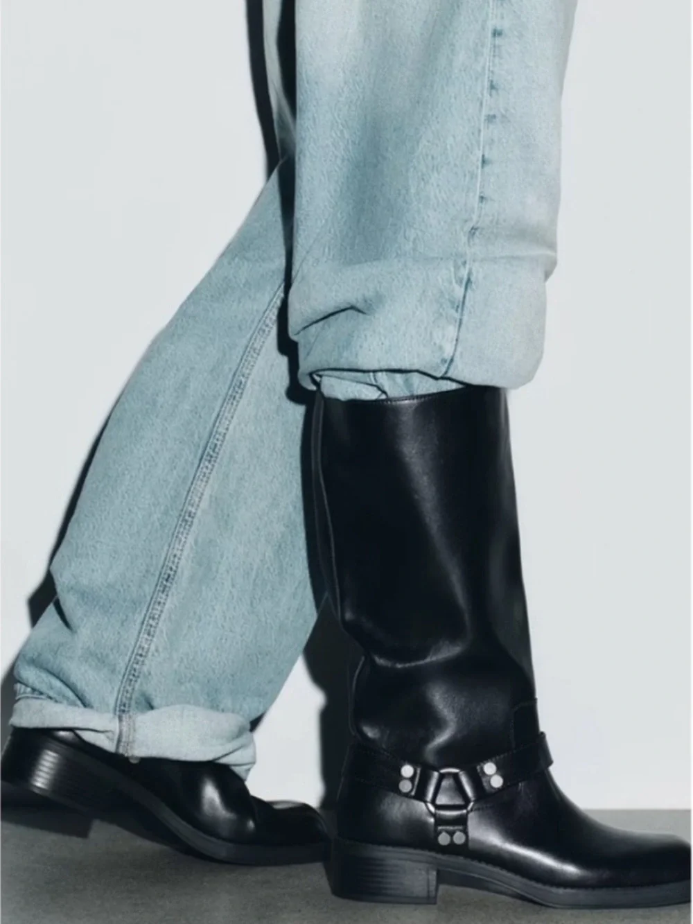 Zara Black Leather Harness Mid-Calf Boots